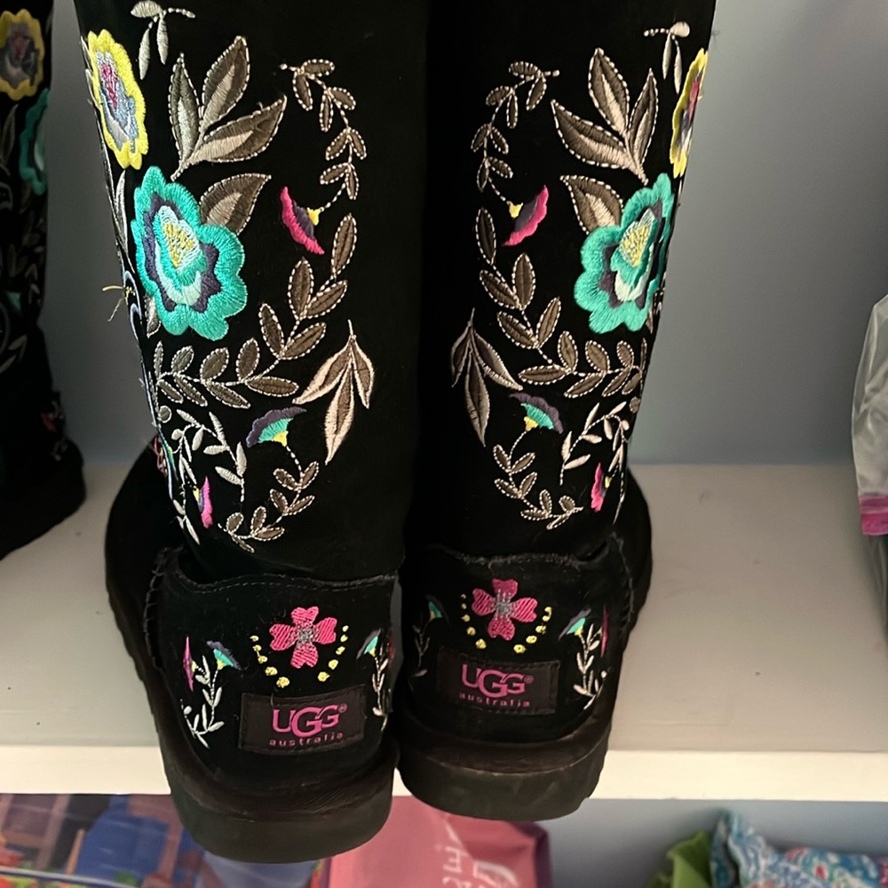 UGG Black Embroidered Floral Winter Boots with Teal, Pink & Yellow Accents